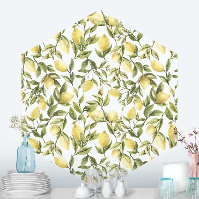 Hexagon Mustertapete selbstklebend - Fruchtige Zitronen mit Blättern