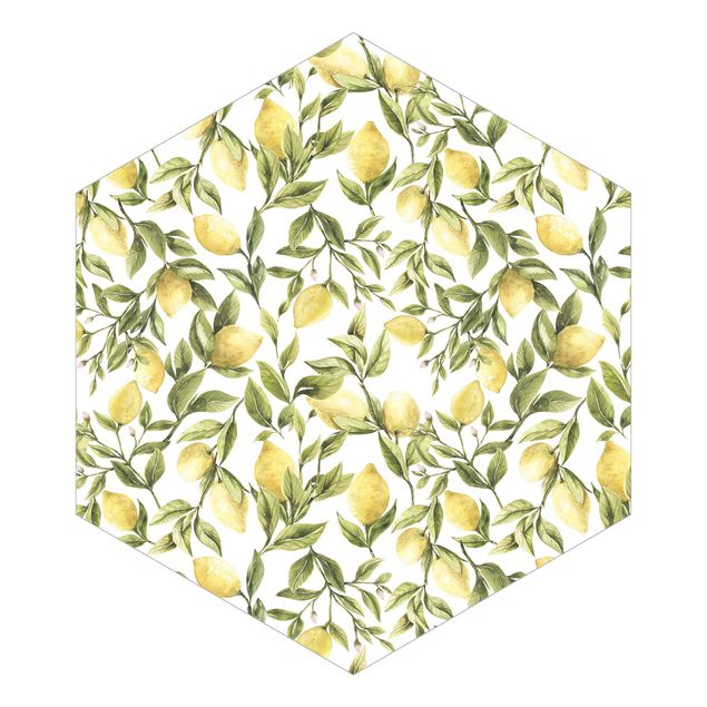 Hexagon Mustertapete selbstklebend - Fruchtige Zitronen mit Blättern