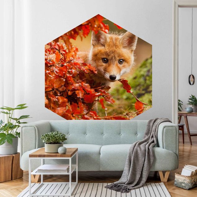 Hexagon Mustertapete selbstklebend - Fuchs im Herbst