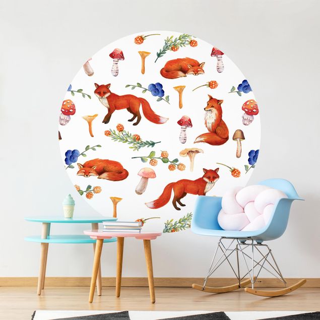 Runde Tapete selbstklebend - Fuchs mit Pilzen Illustration