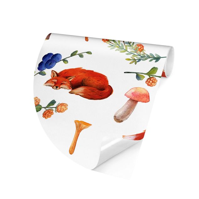 Runde Tapete selbstklebend - Fuchs mit Pilzen Illustration