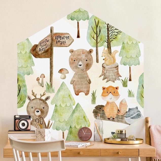 Hexagon Mustertapete selbstklebend - Fuchs und Bär mit Bäumen