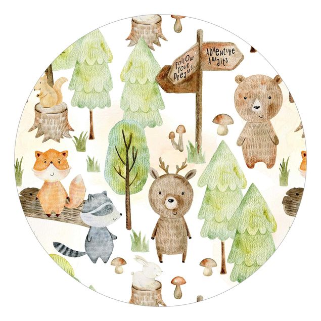 Runde Tapete selbstklebend - Fuchs und Bär mit Bäumen