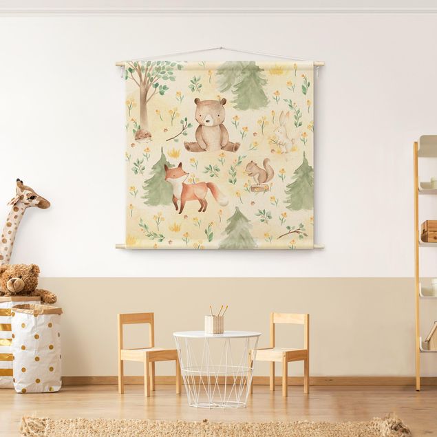 Wandbehang Wald Fuchs und Bär mit Blumen und Bäumen