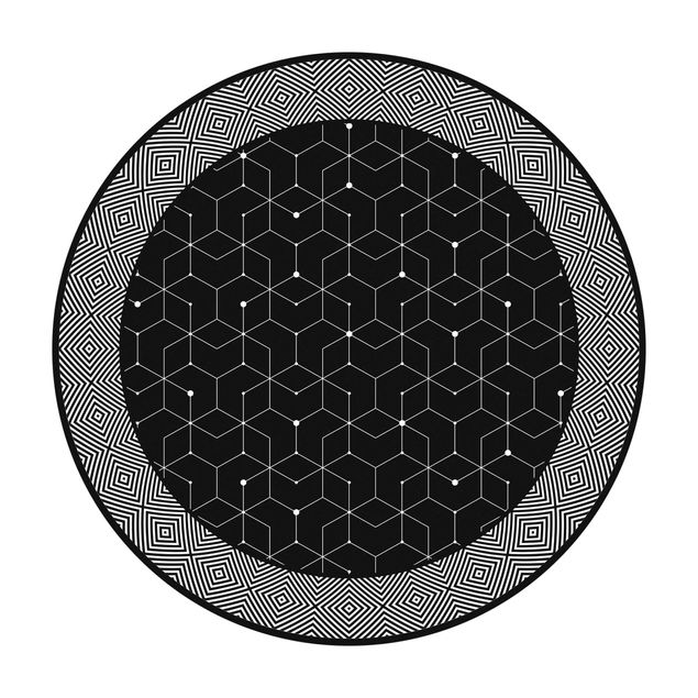 Teppich rund Geometrische Fliesen Punktlinien Schwarz mit Bordüre
