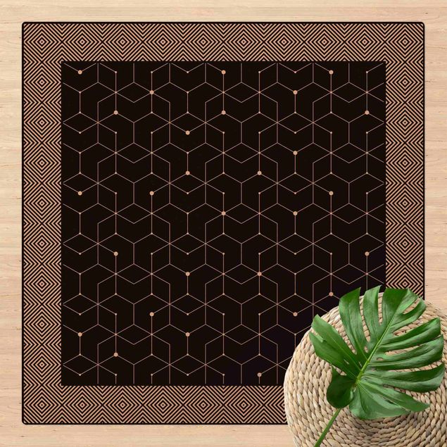 Vinyl Teppich Fliesenoptik Geometrische Fliesen Punktlinien Schwarz mit Bordüre