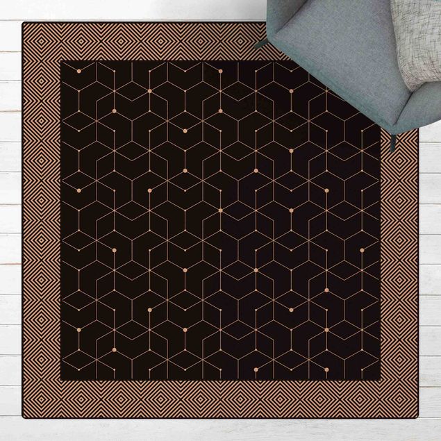 Moderner Teppich Geometrische Fliesen Punktlinien Schwarz mit Bordüre