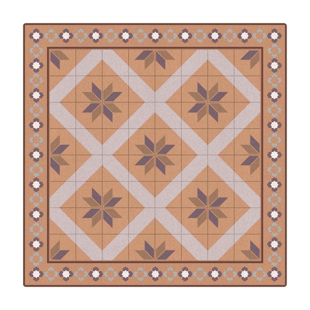 Kork-Teppich - Geometrische Fliesen Rautenblüte Flieder mit Bordüre - Quadrat 1:1