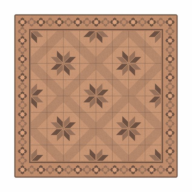 Kork-Teppich - Geometrische Fliesen Rautenblüte Grau mit Bordüre - Quadrat 1:1
