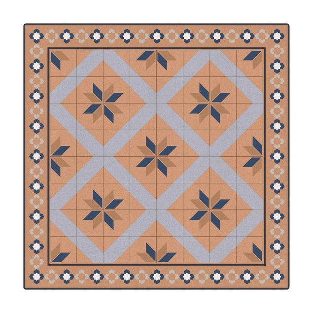 Kork-Teppich - Geometrische Fliesen Rautenblüte Taubenblau mit Bordüre - Quadrat 1:1
