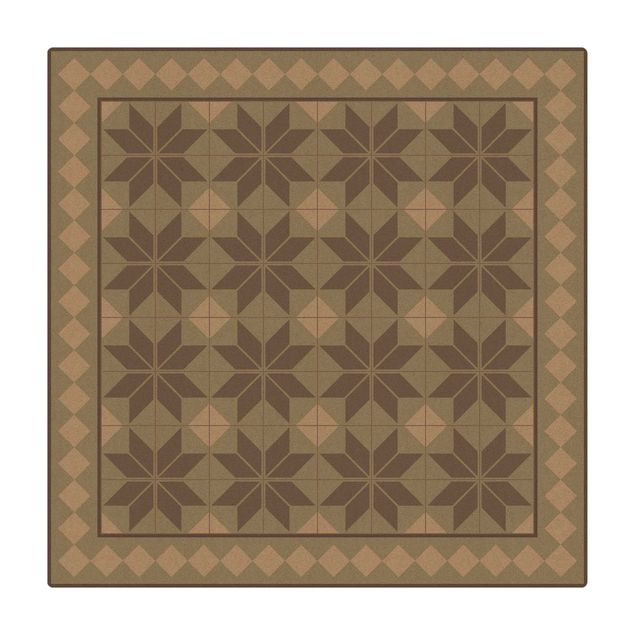 Kork-Teppich - Geometrische Fliesen Sternblume Mintgrün mit Bordüre - Quadrat 1:1