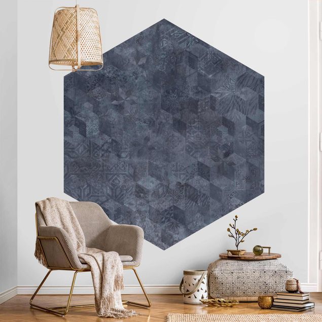 Hexagon Tapete selbstklebend - Geometrisches Vintage Muster mit Ornamenten Blau