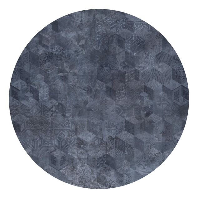 Runde Tapete selbstklebend - Geometrisches Vintage Muster mit Ornamenten Blau