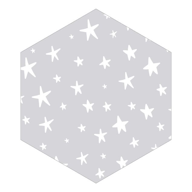 Hexagon Mustertapete selbstklebend - Gezeichnete große Sterne im Grauen Himmel