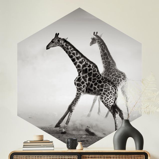 Hexagon Mustertapete selbstklebend - Giraffenjagd