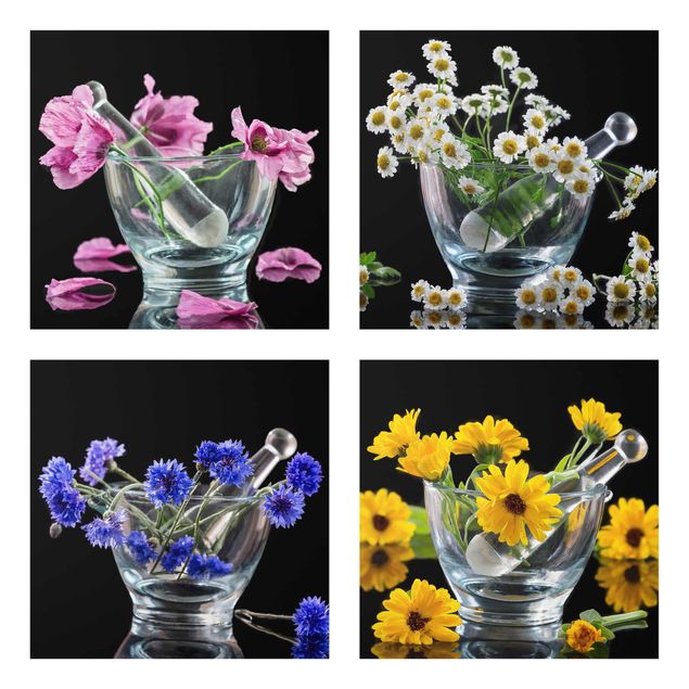 Glasbild - Blumen im Mörser 4-teilig