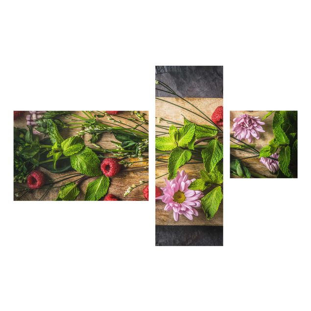 Glasbild mehrteilig - Blumen Himbeeren Minze 3-teilig