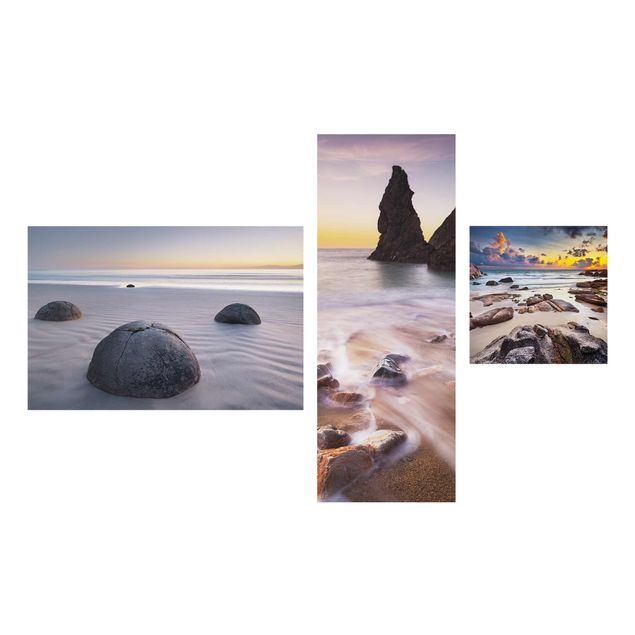 Glasbild mehrteilig - Sonnenaufgänge am Strand Collage 3-teilig