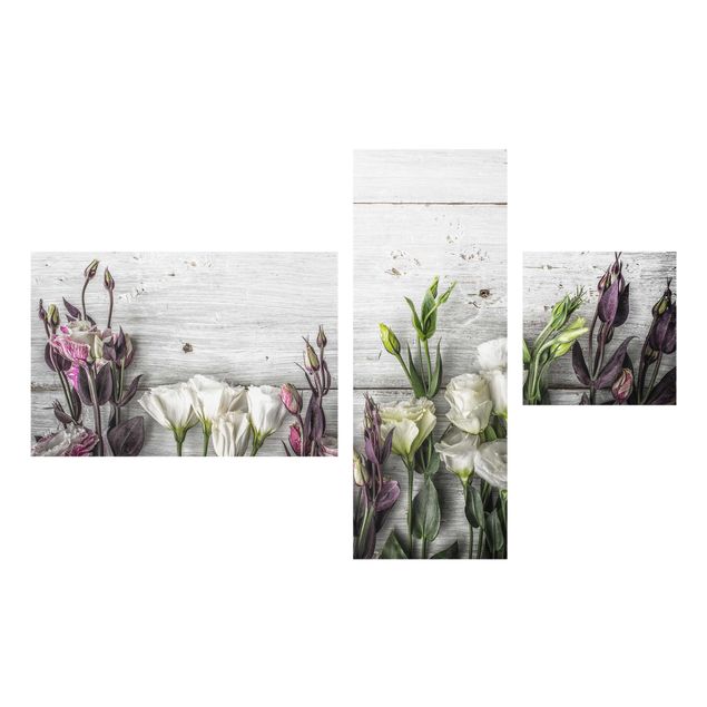 Glasbild mehrteilig - Tulpen-Rose Shabby Holzoptik Collage 3-teilig