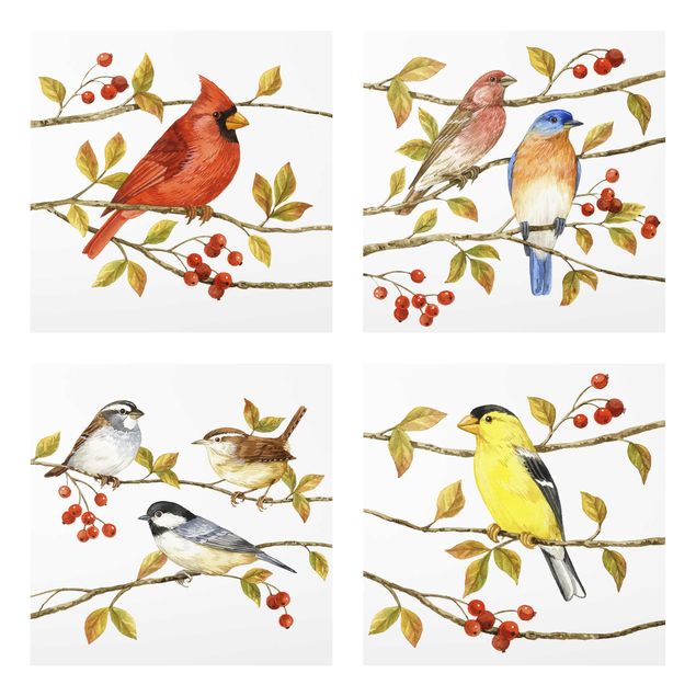 Glasbild mehrteilig - Vögel und Beeren Set II - 4-teilig