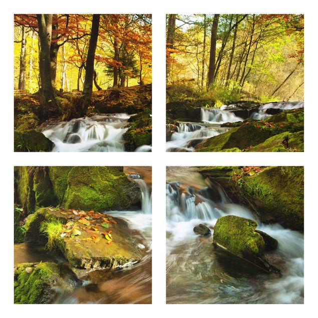 Glasbild mehrteilig - Wasserfall herbstlicher Wald 4-teilig - Waldbild Glas