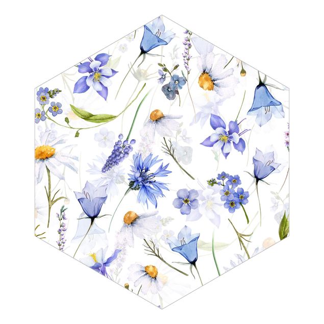 Hexagon Mustertapete selbstklebend - Glockenblumenwiese