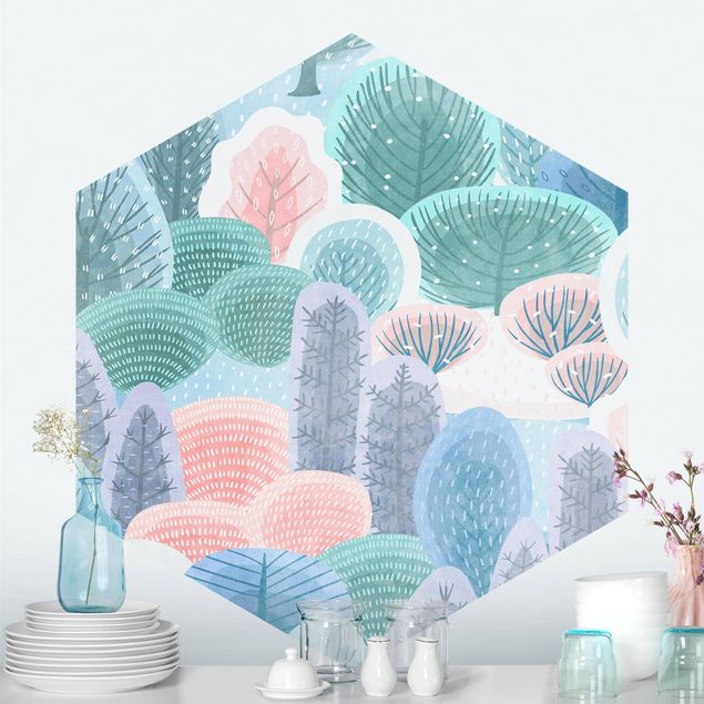 Hexagon Mustertapete selbstklebend - Glücklicher Wald in Pastell