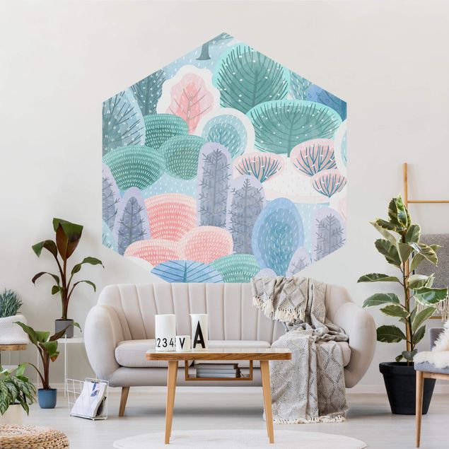Hexagon Mustertapete selbstklebend - Glücklicher Wald in Pastell