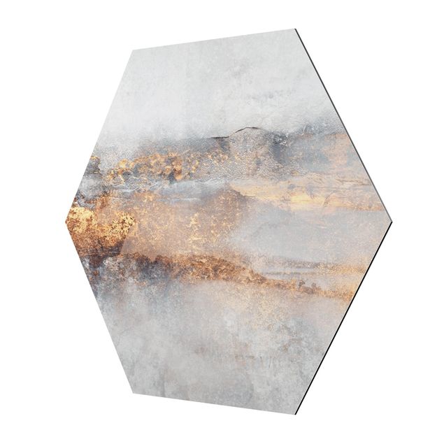 Hexagon Bild Alu-Dibond - Gold-Grauer Nebel