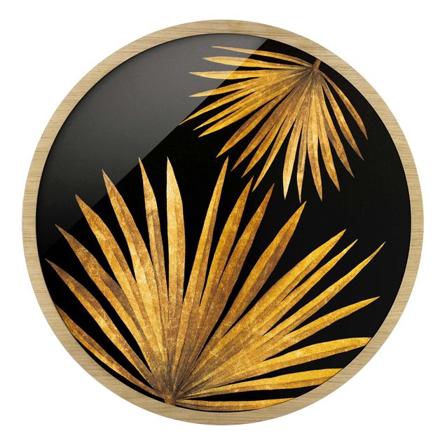 Rundes Gerahmtes Bild - Gold - Palmenblatt auf Schwarz