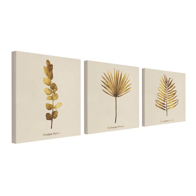 3-teiliges Leinwandbild - Gold - Tropische Blätter Set I