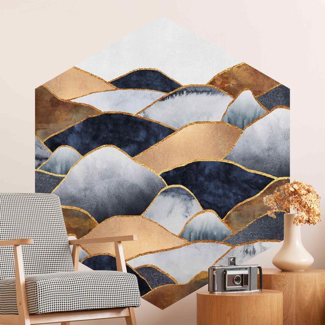 Hexagon Mustertapete selbstklebend - Goldene Berge Aquarell