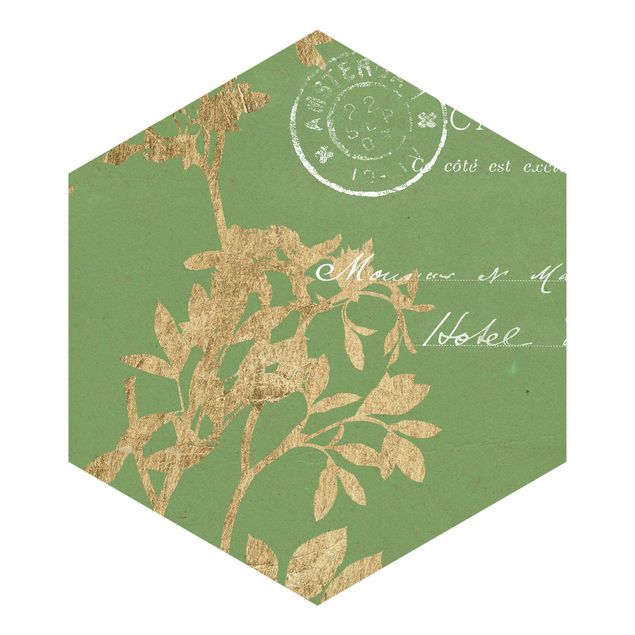 Hexagon Mustertapete selbstklebend - Goldene Blätter auf Lind I