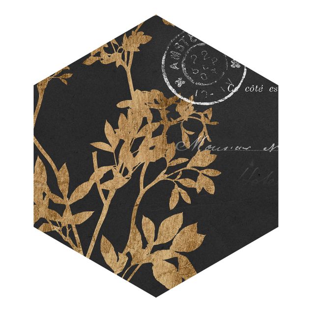 Hexagon Mustertapete selbstklebend - Goldene Blätter auf Mokka I