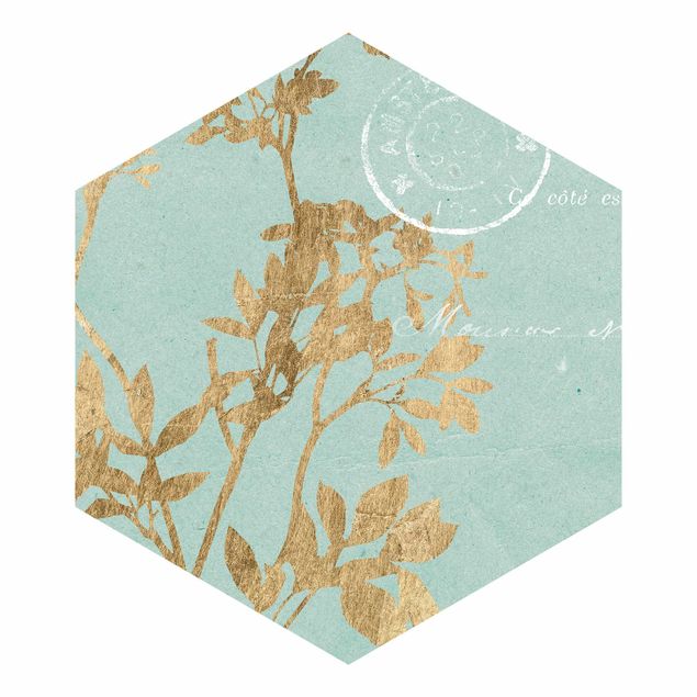 Hexagon Mustertapete selbstklebend - Goldene Blätter auf Turquoise I