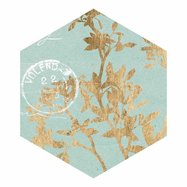Hexagon Mustertapete selbstklebend - Goldene Blätter auf Turquoise II