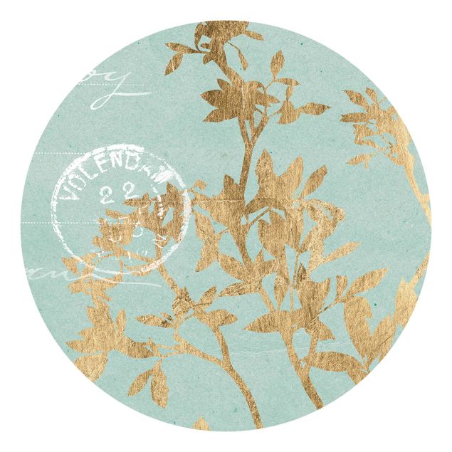 Runde Tapete selbstklebend - Goldene Blätter auf Turquoise II