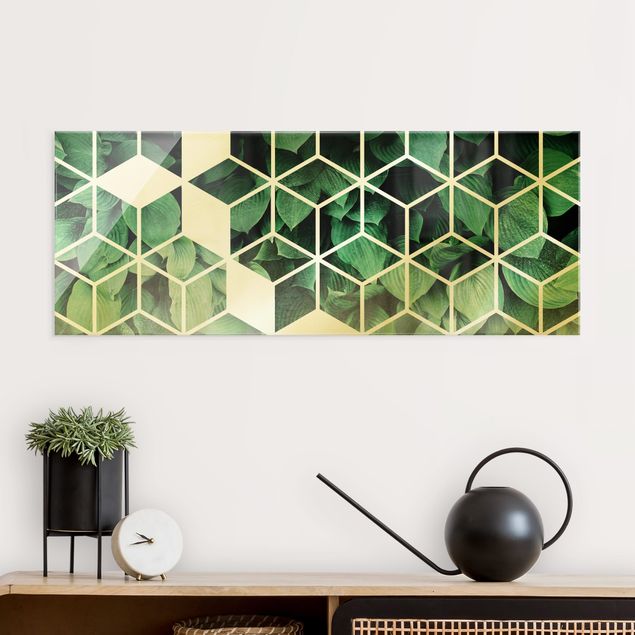 Magnettafel Glas Goldene Geometrie - Grüne Blätter