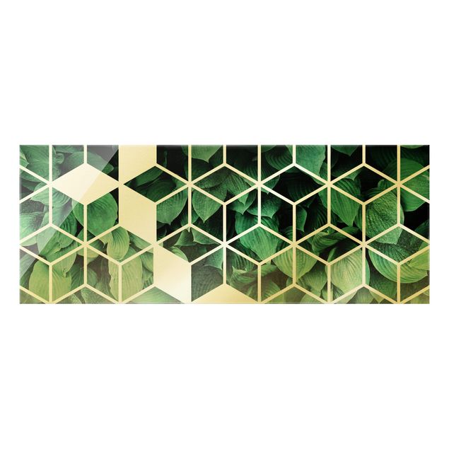 Glasbild - Goldene Geometrie - Grüne Blätter - Panorama 5:2
