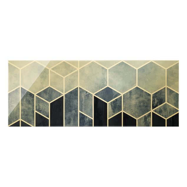 Glasbild - Goldene Geometrie - Sechsecke Blau Weiß - Panorama 5:2