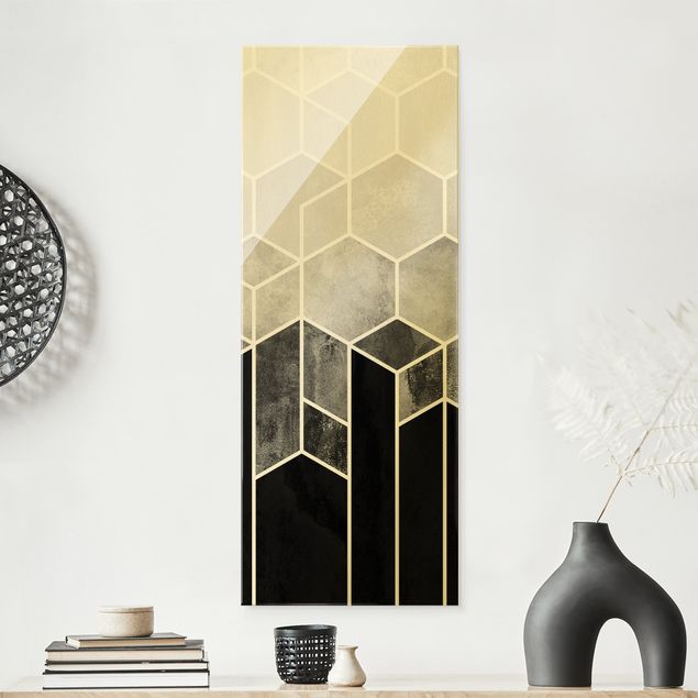 Magnettafel Glas Goldene Geometrie - Sechsecke Schwarz Weiß