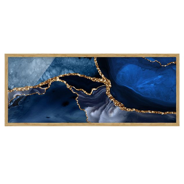 Bild mit Rahmen - Goldene Glitzer Wellen vor Blau - Panorama 3:1