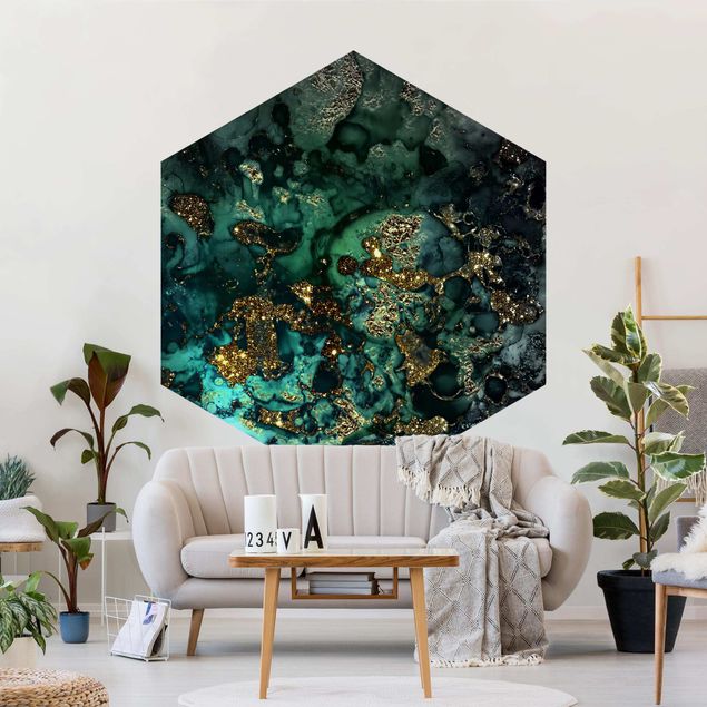 Hexagon Mustertapete selbstklebend - Goldene Meeres-Inseln Abstrakt