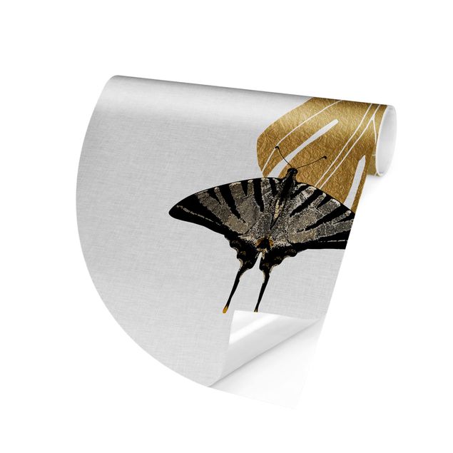 Runde Tapete selbstklebend - Goldene Monstera mit Schmetterling