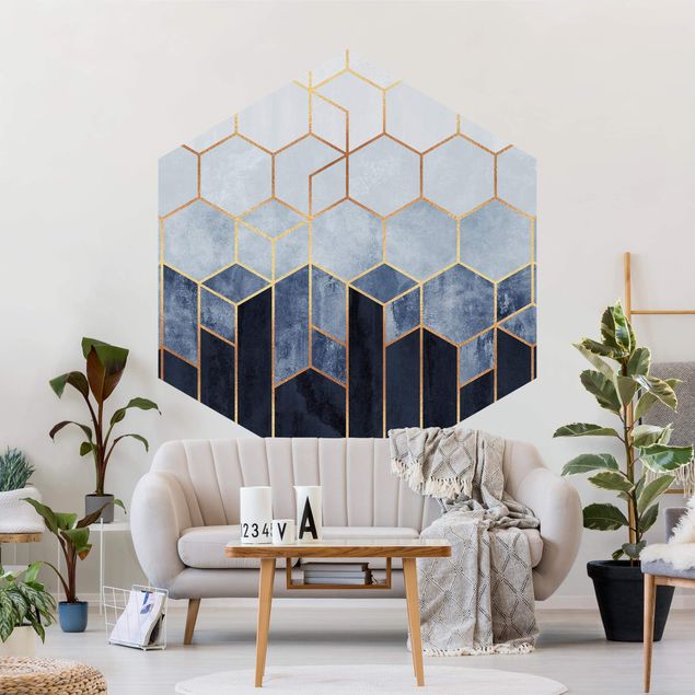 Hexagon Mustertapete selbstklebend - Goldene Sechsecke Blau Weiß
