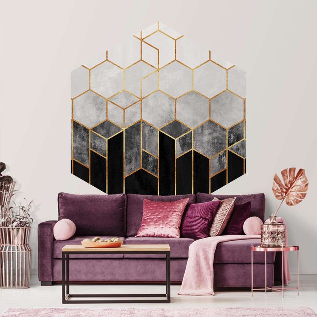 Hexagon Mustertapete selbstklebend - Goldene Sechsecke Schwarz Weiß