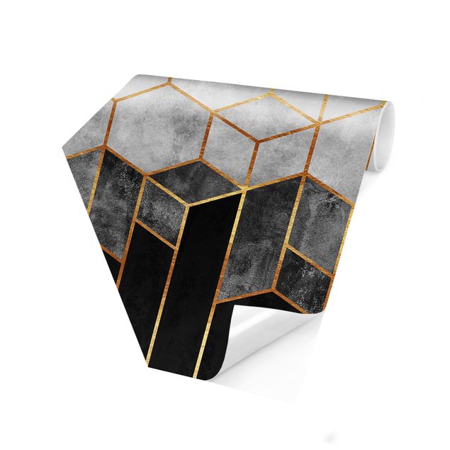 Hexagon Mustertapete selbstklebend - Goldene Sechsecke Schwarz Weiß