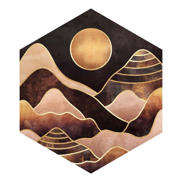 Hexagon Mustertapete selbstklebend - Goldene Sonne abstrakte Berge