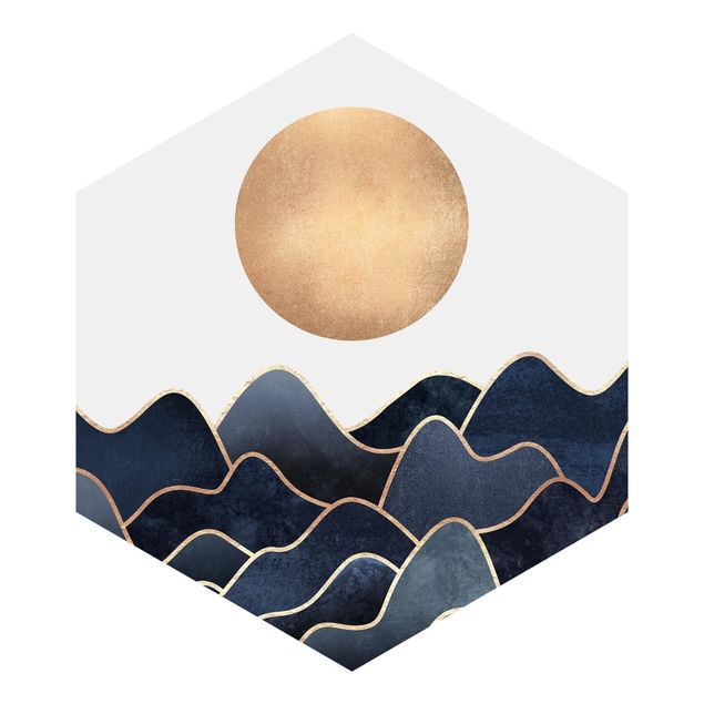 Hexagon Mustertapete selbstklebend - Goldene Sonne blaue Wellen