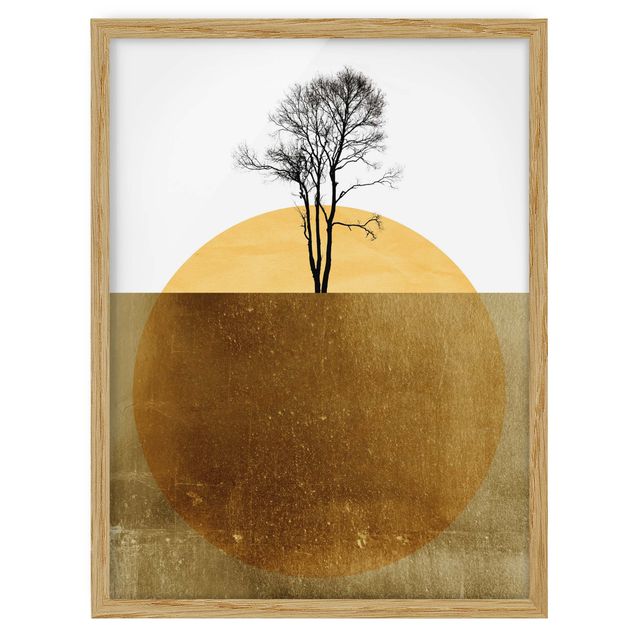 Bild mit Rahmen - Goldene Sonne mit Baum - Hochformat